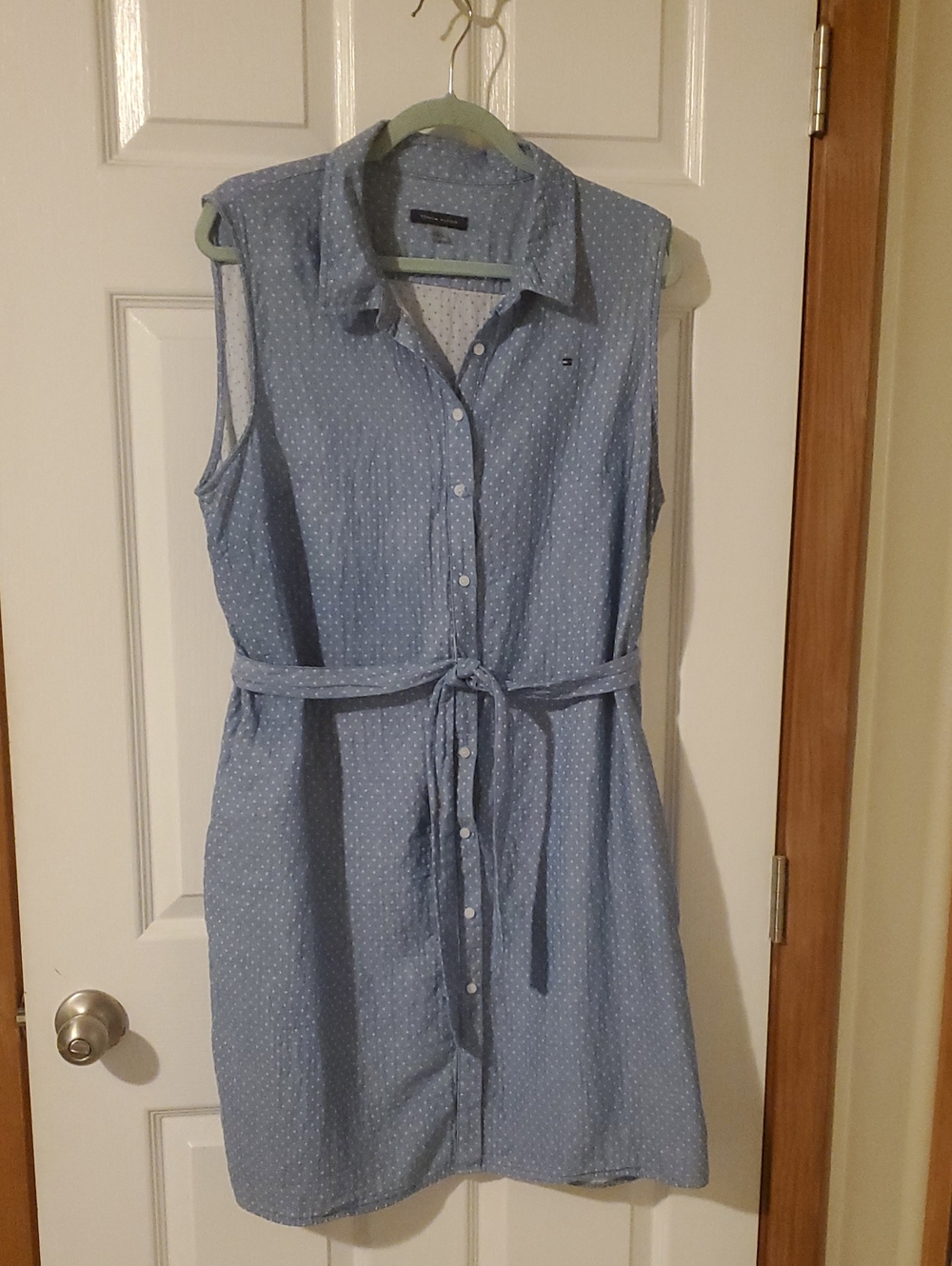 Tommy Hilfiger Sleeveless Chambray Dot Shirt Dress in Light Blue